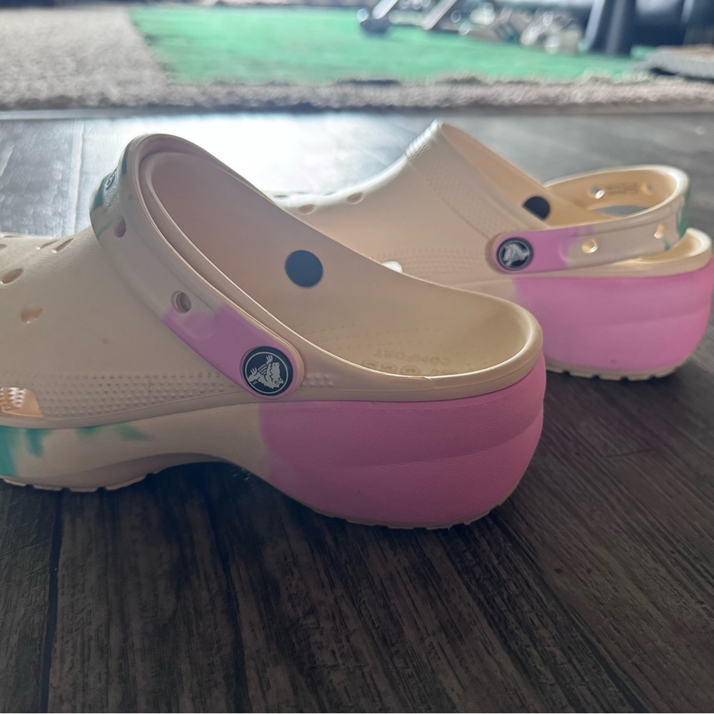 Tie dyed Crocs Clogs - Cream with Pink and Green - Picture 3 of 5